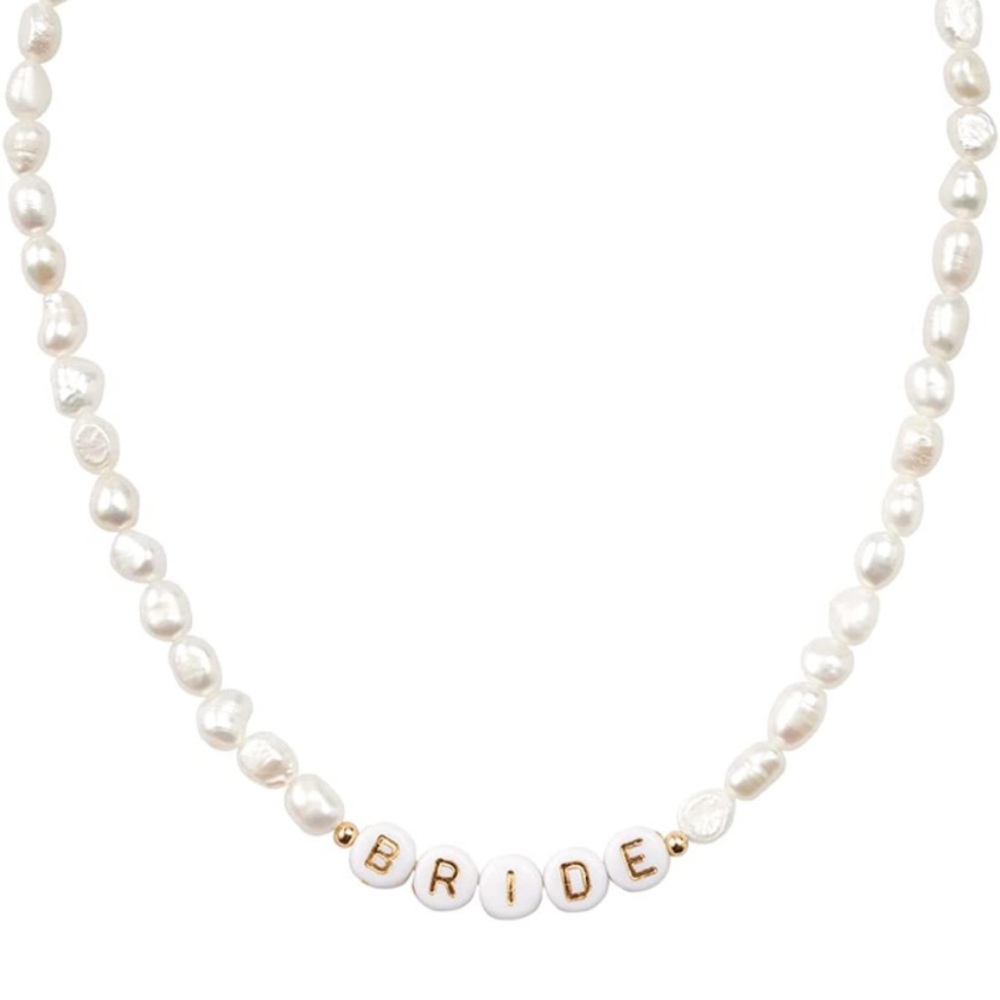 Fetti Bride Freshwater Pearl Beaded Necklace, 14" Choker, Gold Letter Beads